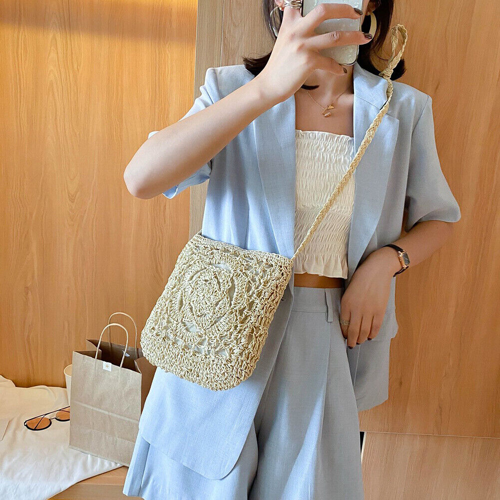 Flower Straw Shoulder Bag Women Beach Woven Crossbody Purse Handbag (Beige)