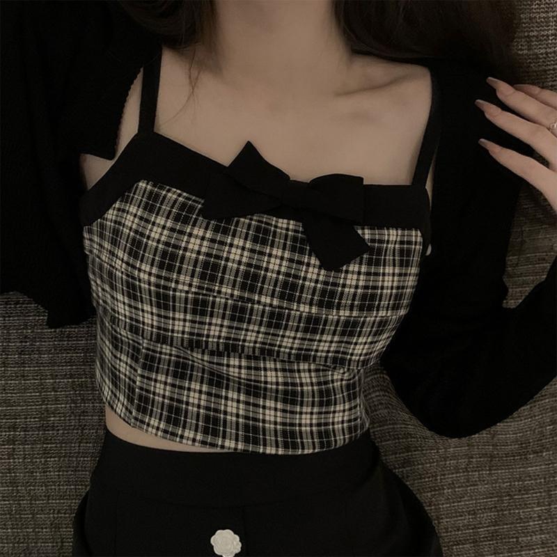 Women Spaghetti Strap Camisole Square Neck Plaid Print Bowknot Crop Top Vest