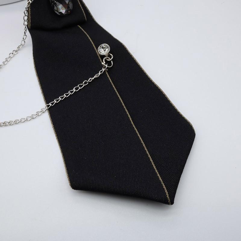 Gothic Black Necktie Rhinestone Pendant Metal Chain Evening Party Pretied Bowtie