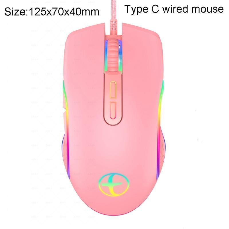 Optical Pink Wired Mouse Mice With Braided USB for Laptop Computer Gift w/Type-C