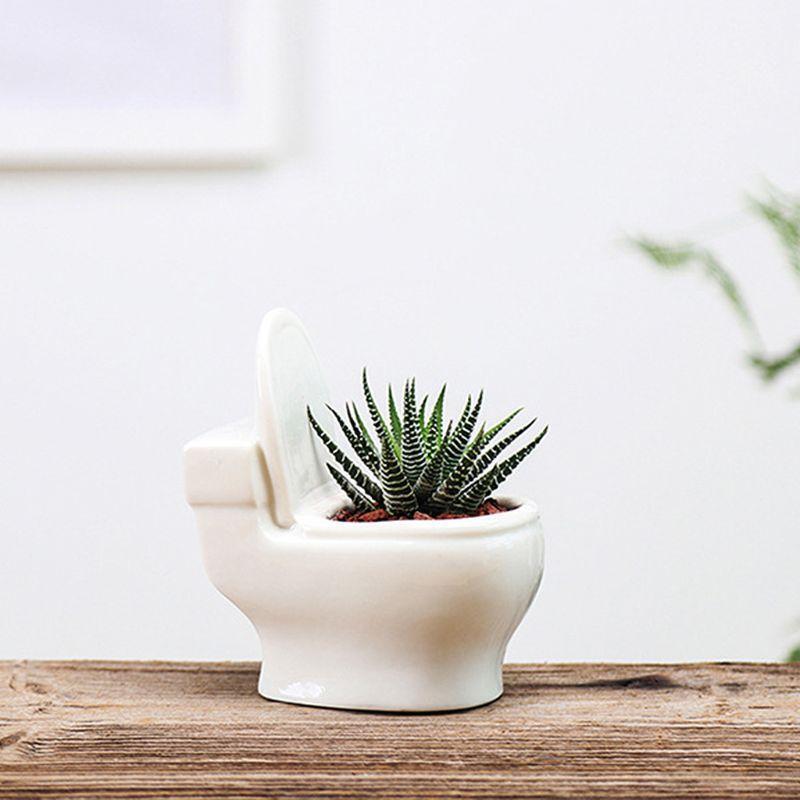 Creative Mini Toilet Shape Fleshy Ceramic Flowerpot Garden Home Decor Flower Pot