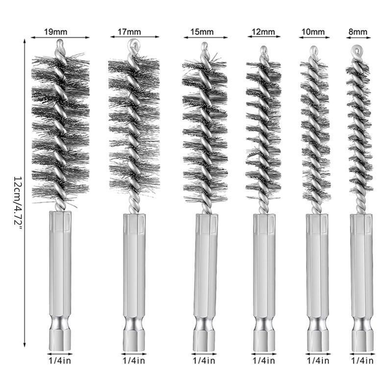 6pcs Stainless Steel Bore Brush Nylon Bristles Twisted Wire Brush with Hex Shank