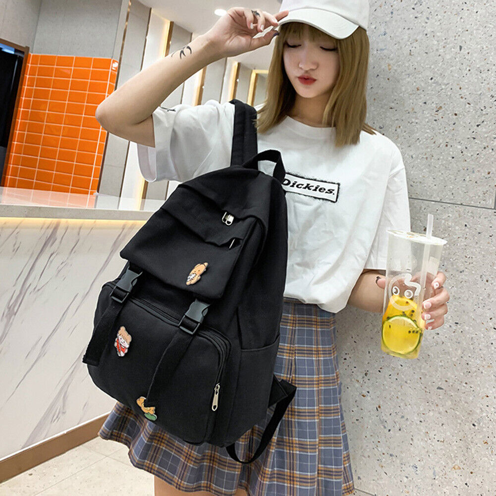 Women Men Canvas Backpack with Badges Travel College Student School Bags