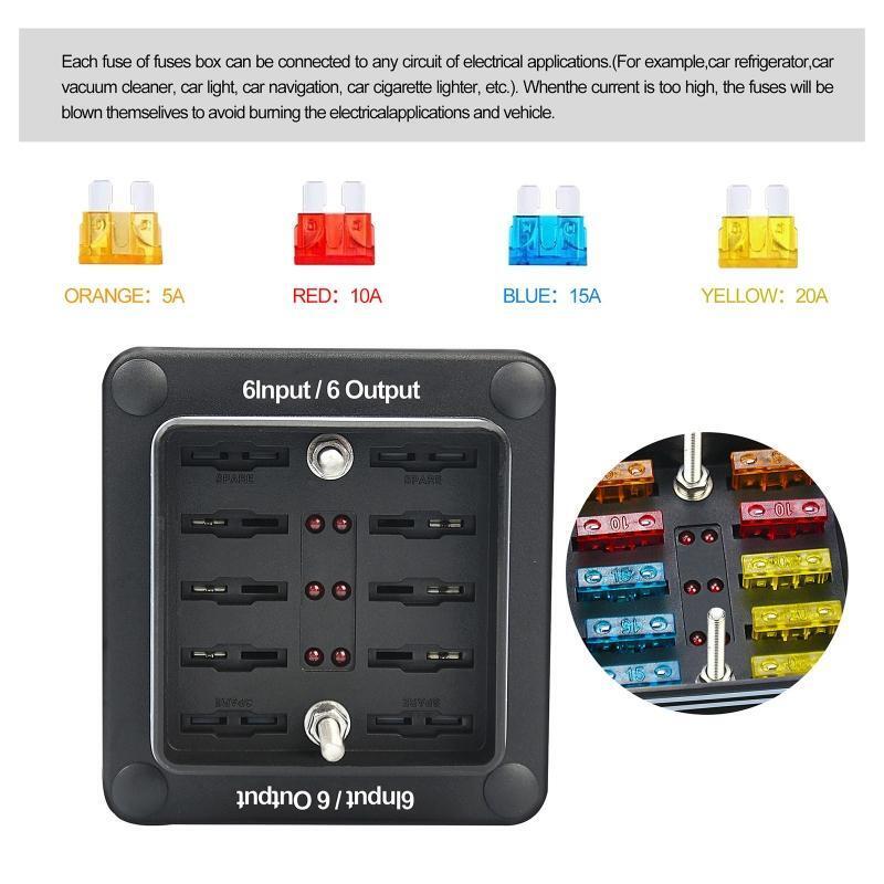 6 Way Marine Blade Fuse Box Block Holder Panel for Truck Boat Power Distribution