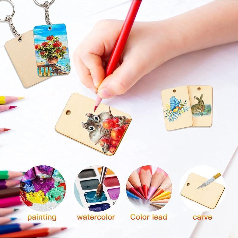 Blank Rectangle Shaped Wooden Keychain Set of 120 Unfinished Wood Chip Key Rings