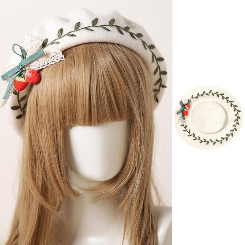 Lolita Painter Hat Beanie Hat Strawberry Green Leaf Beret Wild for Dog Walking