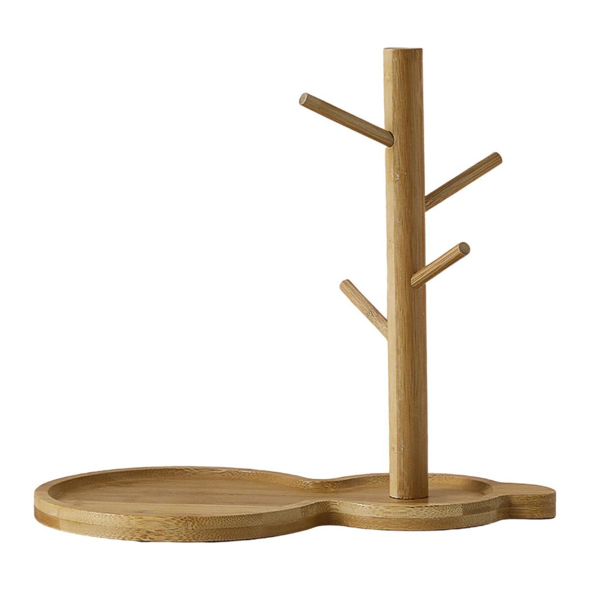 Wooden Tree Cup Holder with 4 Hooks Jewelry Hair Tie Organizer Dish Drying Rack