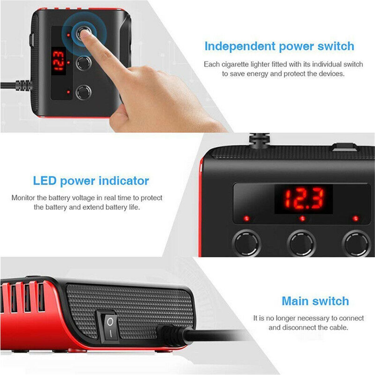 Socket Splitter Dual USB Charger 12V 3 Way Car Cigarette Lighter Car Charger