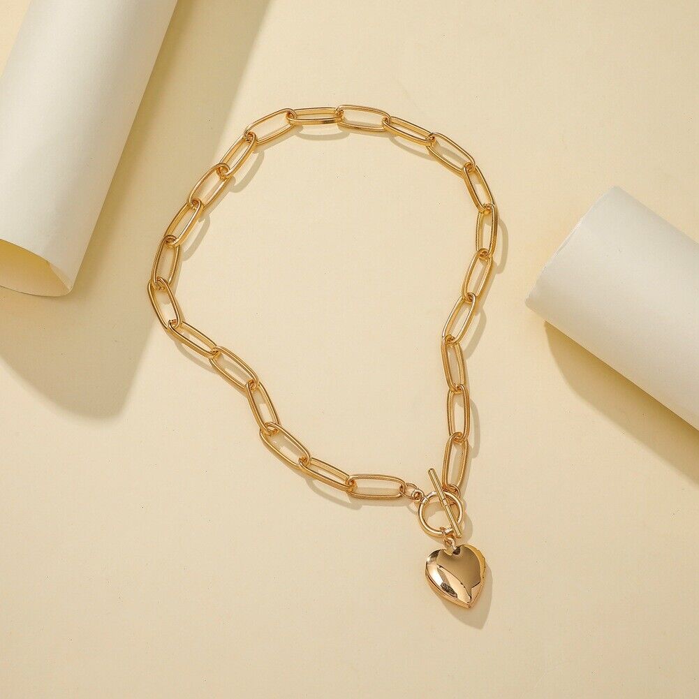 Metal Love Heart Pendant Necklace Women Simple Chain Neck Choker Jewelry