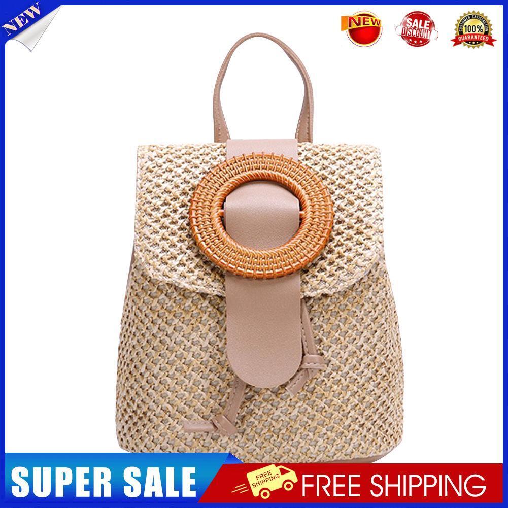 Straw Bucket Backpack Women Summer Beach Travel Drawstring Shoulder Bags