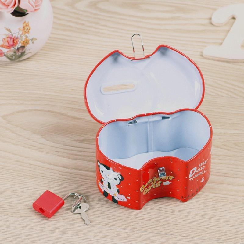 Small Double Heart Piggy Bank Metal Tinplate Coin Storage Box with Lock