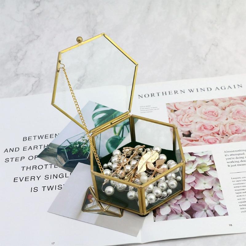 Hexagonal Clear Glass Metal Jewelry Box Decorative Slanted Top Lid Shadow Box