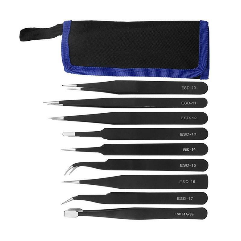 9pcs Stainless steel Tweezer Set Anti-static ESD Tweezers with Non Magnetic Tips