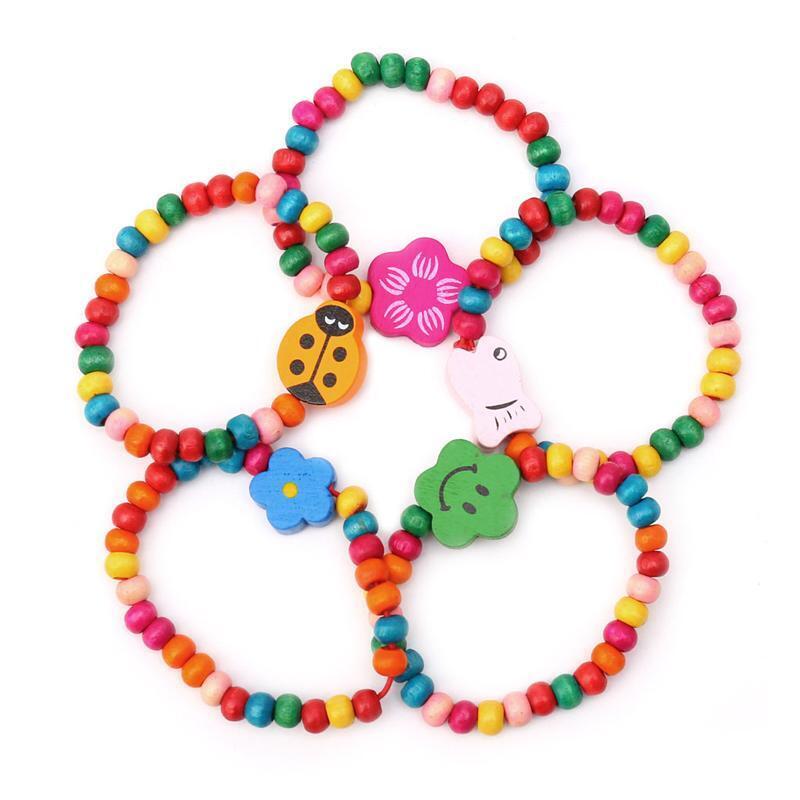 Colorful Children Wood Elastic Bead Bracelets 5Pcs Birthday Party Jewellery Gift
