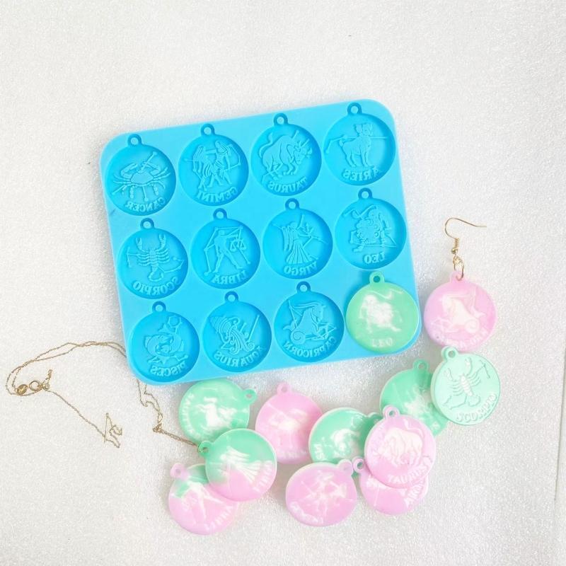 Round Twelve Constellations Earring Pendant Mirror Crystal Epoxy Silicone Mold