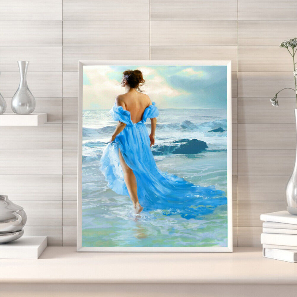 DIY Printed Seaside Girl Cross Stitch Kit Full Embroidery Canvas Home Decor