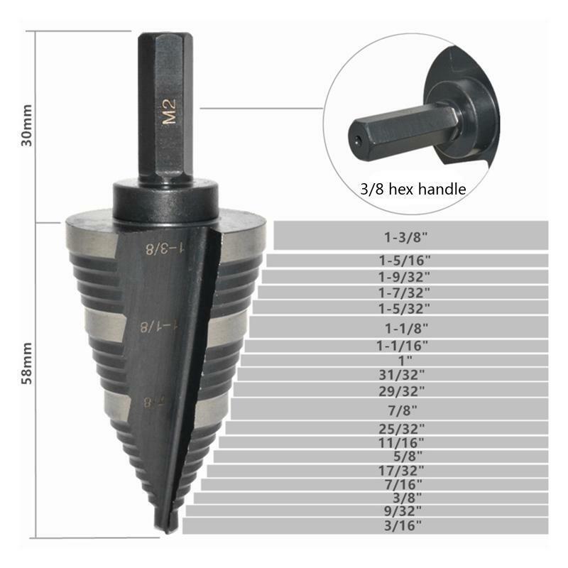 Dual-Fluted Stepper Bit 3/8" Hex Shank 7/8 to 1-3/8" for Cutting Metals Plastic