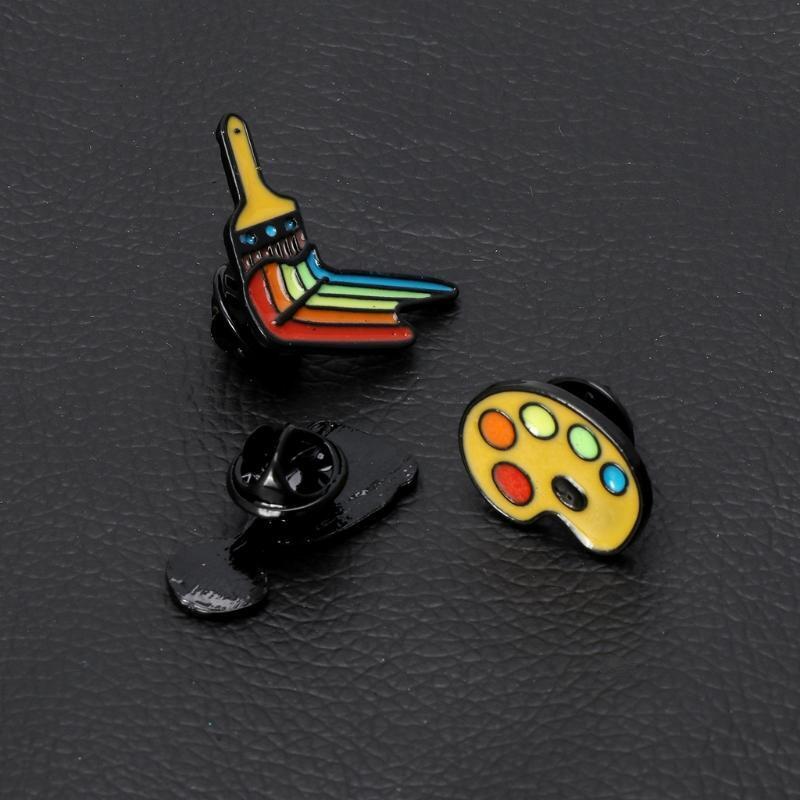 Painter's Palette Brushes Brooch 3x Badge Scarf Pins Rainbow Enamel Pin for Teen