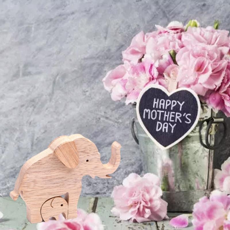 Elephant Mother and Child Family Wood Carving Ornament Table Decor