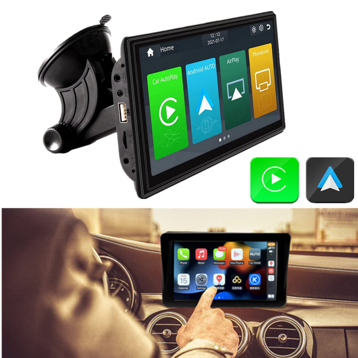 7'' Wireless/Wired Carplay Android Touch Screen Monitor Mirror Link Car Tablet