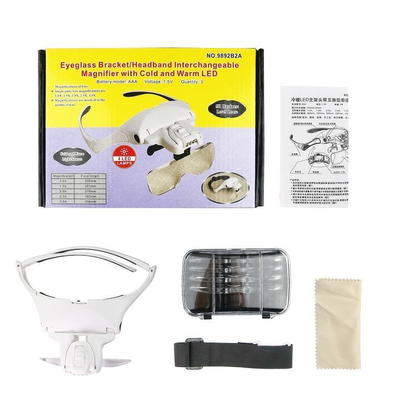 LED Head Magnifier Hands Free Headband Magnifying Glasses with 4 Led Jeweler's
