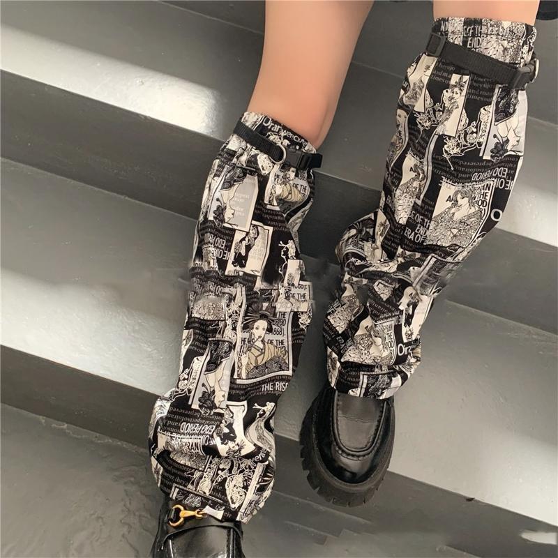 Women Punk Baggy Leg Warmers Harajuku Japanese Anime Geisha Print Foot Cover