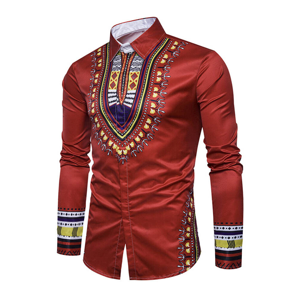 Men Turn Down Collar Casual Totem Print Long Sleeve Ethnic Shirt(Red XL)-20