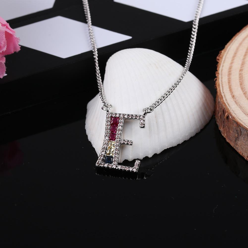 Women Necklace A-Z Letters Colored Diamond Pendant Chain Gift Jewelry (E