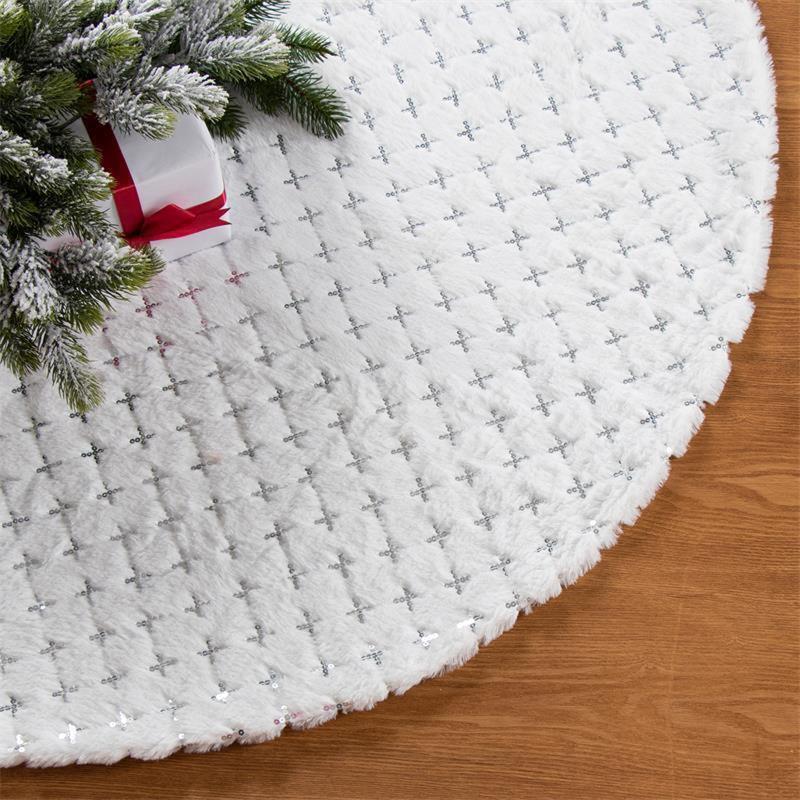 Christmas Tree Skirt Embroidered Rhombus Lattice Faux Fur Tree Skirts for Xmas
