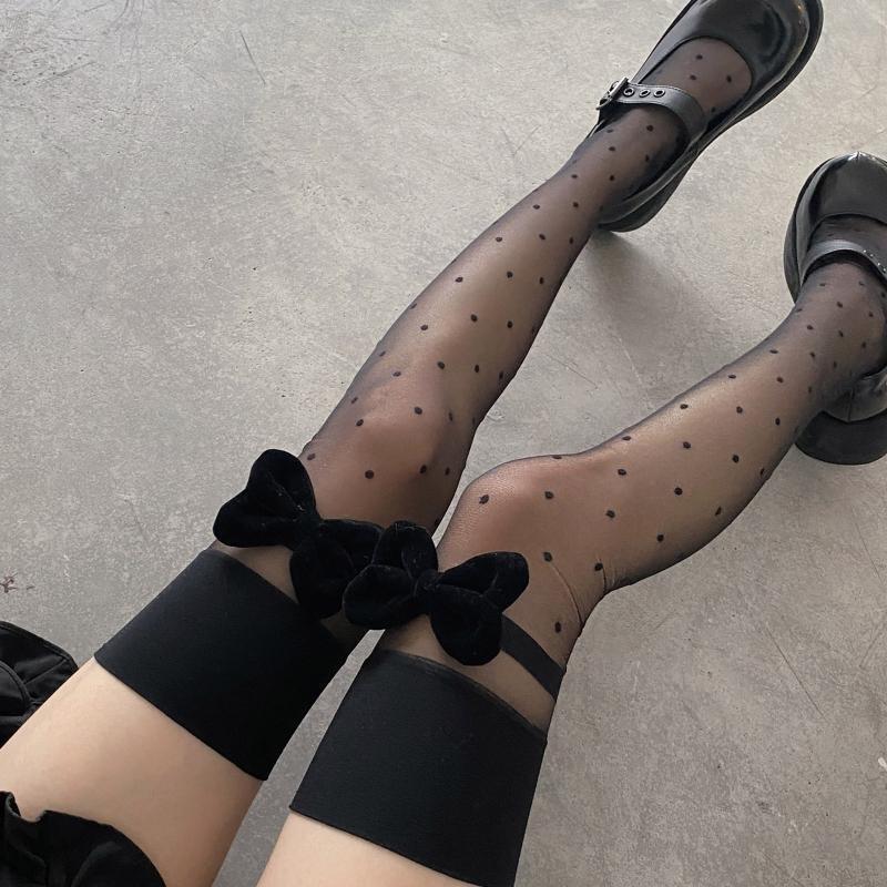 Women Lolita Sheer Thigh High Stockings Polka Dot Sweet Big Bow Over Knee Socks
