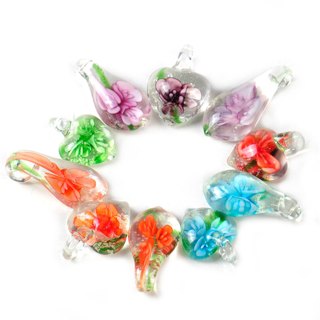 10PCS Heart Murano Drop Flower Lampwork Glass Bead Pendant Necklace Art Women Li