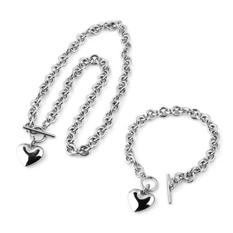 Girl Heart Shaped Toggle Bracelet Stainless Steel Chain Pendant Necklace Jewelry