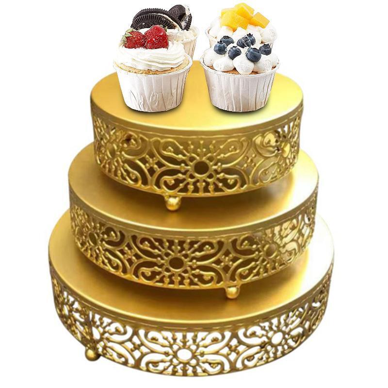 Hollow Round Metal Wrought Iron Cake Stands Holder Set of 3 Dessert Cheese Rack