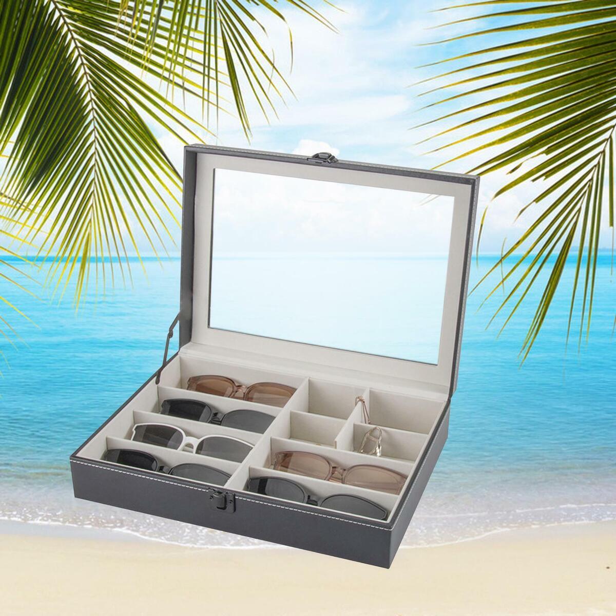 8 Slots Sunglasses Organizer Display PU Leather Holder Organizer Transparent Lid