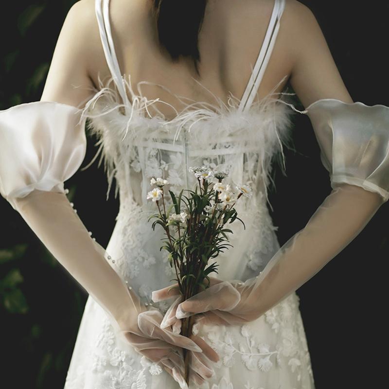 Bridal Tulle Gloves Elbow Length Lace Gloves Elegant Tea Party Wedding Gloves