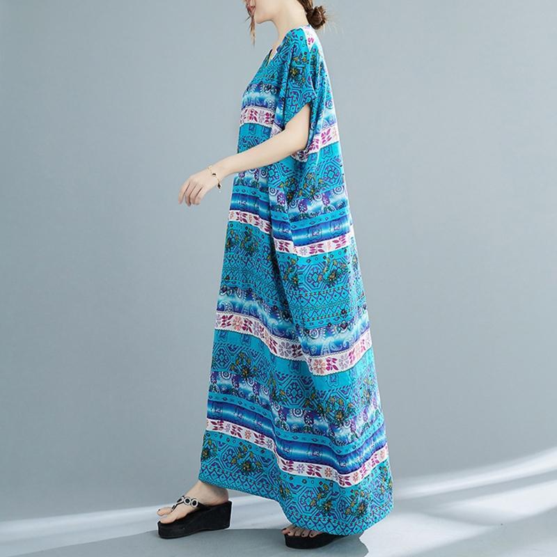 Women Short Sleeve Kaftan Dress Floral V-Neck Loose Maxi Robe Swimsuit Cover Up