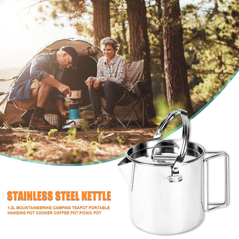 1.2L Stainless Steel Teapot Outdoor Camping Hiking Cooking Kettle with Lid