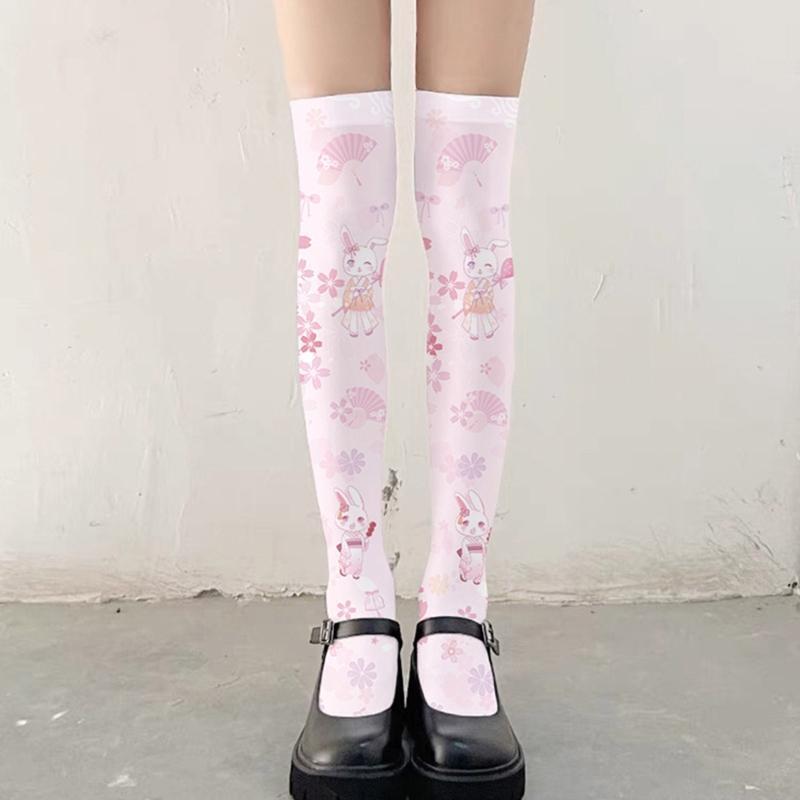 Lolita Cherry Blossom Rabbit Print Thigh High Stockings Anime Over Knee Socks