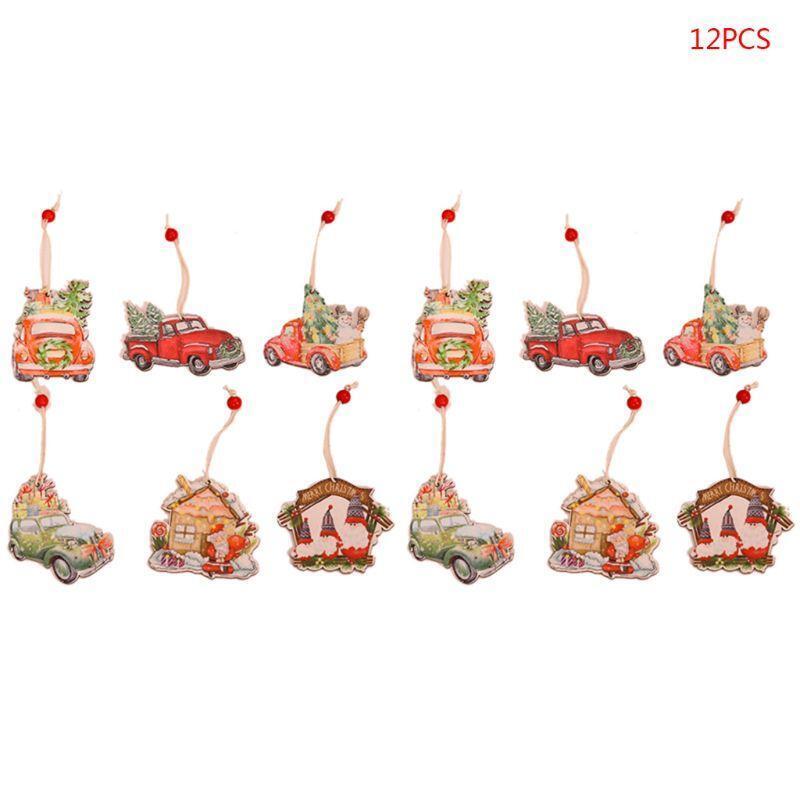 12pcs Wooden Painted Colorful Car Christmas Tree Pendant Ornaments Xmas New Year