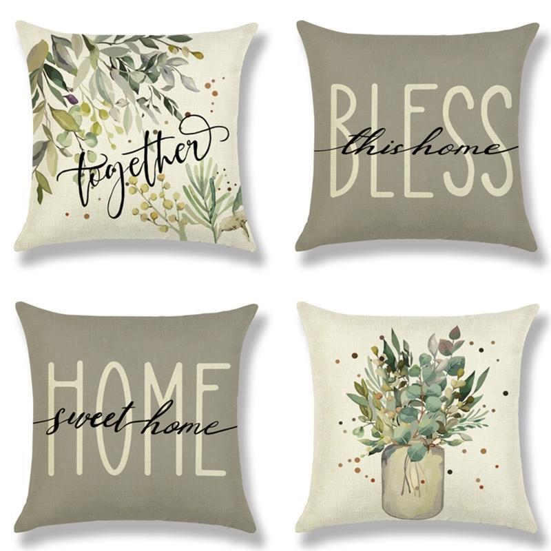 Linen Pillow Covers 4pcs/set Letters Vase Plant Eucalyptus Leaves Pillowcase