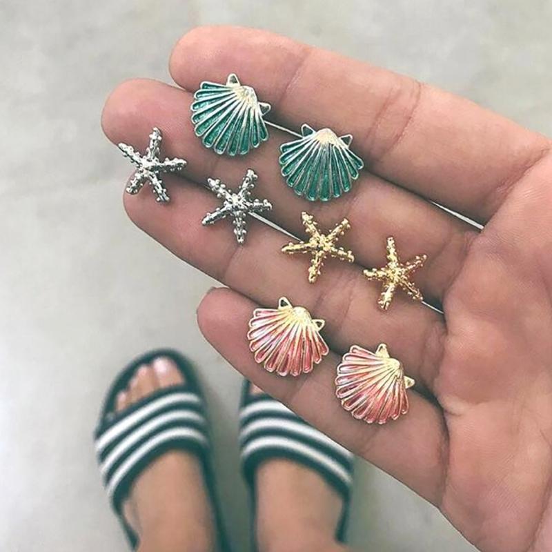 4 Pairs Assorted Boho Stud Earrings Colorful Sea Shell Starfish Beach Jewelry