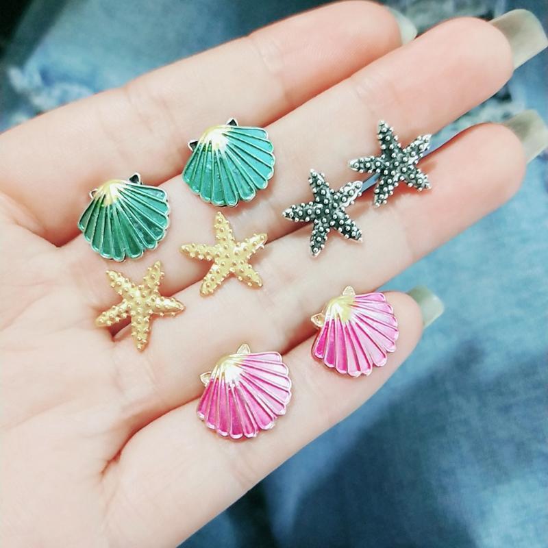 4 Pairs Assorted Boho Stud Earrings Colorful Sea Shell Starfish Beach Jewelry