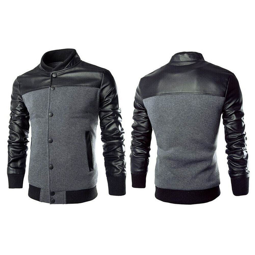 Men Winter Leather Splicing Long Sleeves Stand Collar Jacket (Grey 2XL)-985