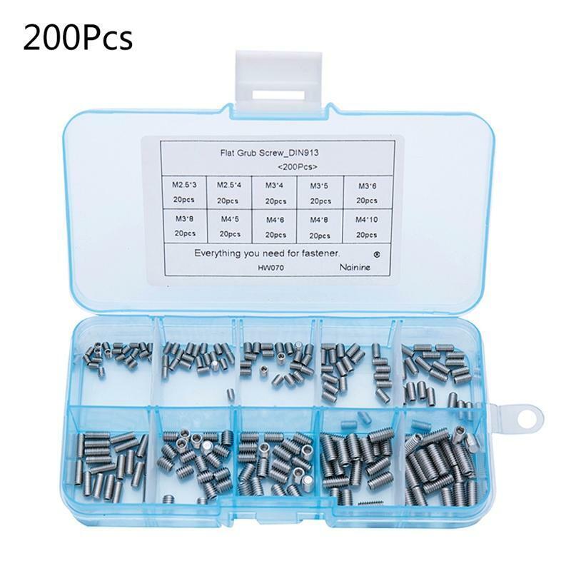 Flat Point Hexagon Socket Set Screws Headless 200Pcs/set M2.5 M3 M4 DIN913