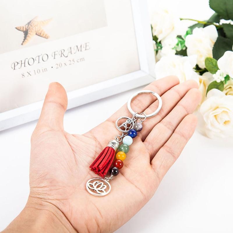 Lotus Tassel Keychain Colorful Stone Beads 7 Chakras Keyring for Bag Charm Gifts
