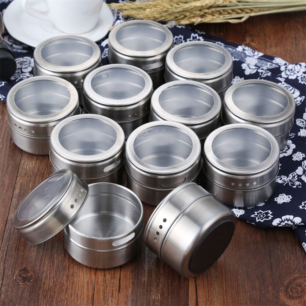 12Pcs/set Magnetic Spice Tins Stainless Storage Container Jars with Clear Lids
