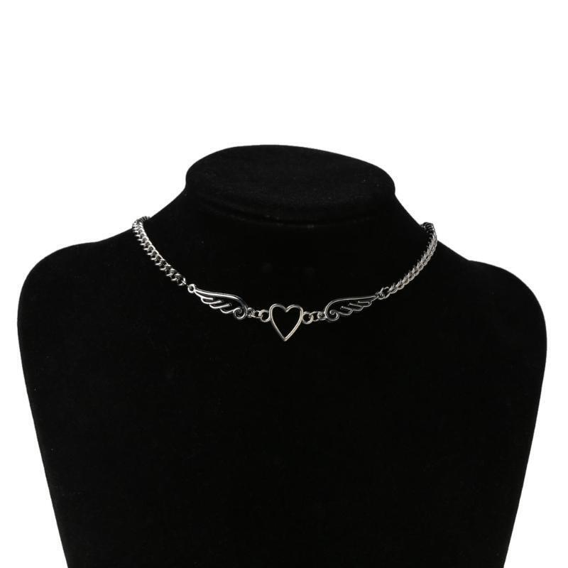 Punk Heart Feather Metal Choker Necklace Women Harajuku Angel Feather Pendant
