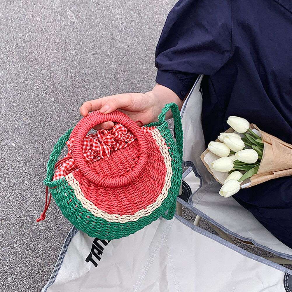 Beach Straw Crossbody Bag Watermelon Handwoven Half Round Holiday Handbag