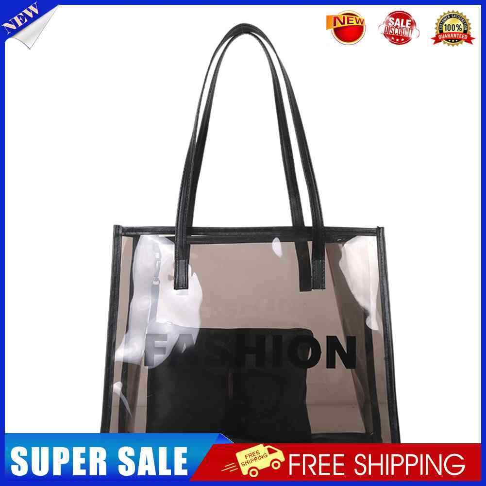 Summer Clear PVC Handbags Women Beach Travel Transparent Tote Bags (Black)