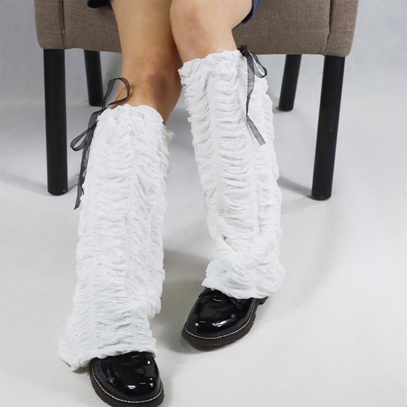 Sweet Lolita Bowknot Knee High Leg Warmers Women Wave Ruched Foot Cover Socks